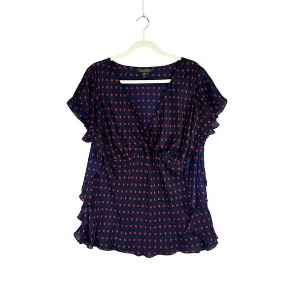 Ralph Lauren Womens Plus 2X Polka Dot Blouse Top Shirt Sleeveless Blue Red Sheer - Picture 2 of 10